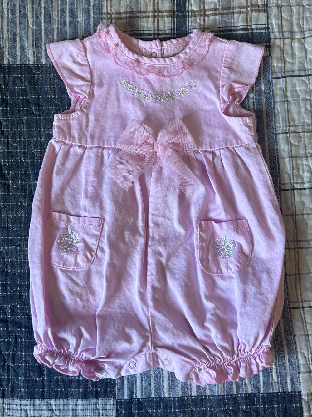 Little Me Brand Light Pink Embroidered Baby Romper with Tulle Bow - Size 6M